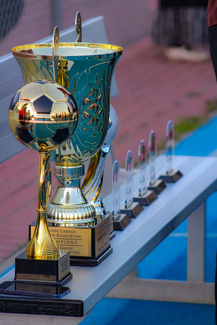 Multiple soccer trophies displayed on a bench, perfect for award ceremonies or sports events.